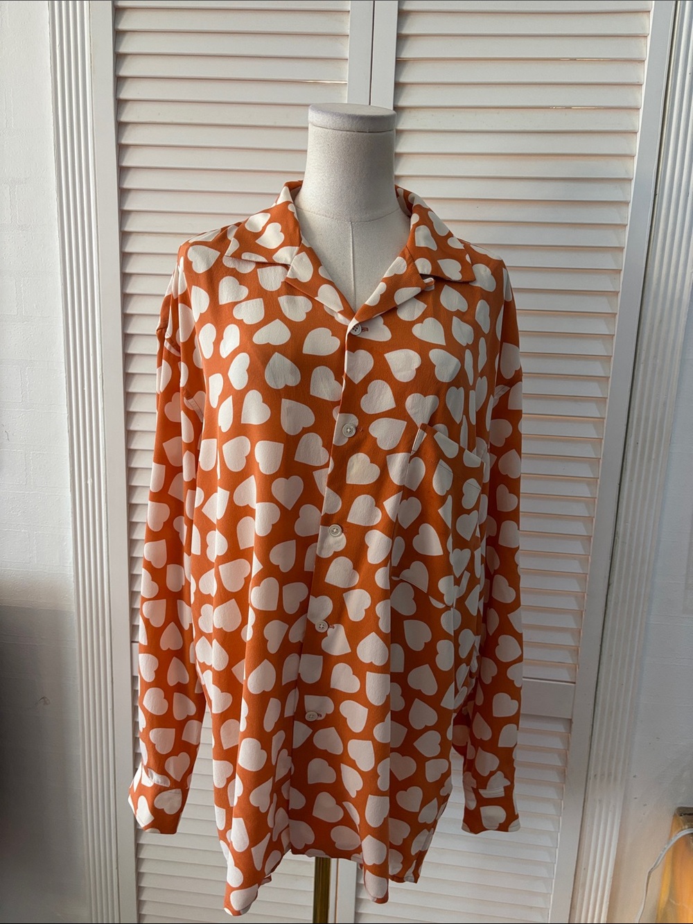 Equipment Orange and White Heart-Print Button-Front Blouse